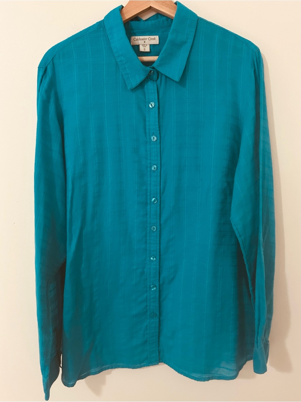 Coldwater Creek Teal 100% Cotton Shadow Stripe Button Down Blouse 1X 18